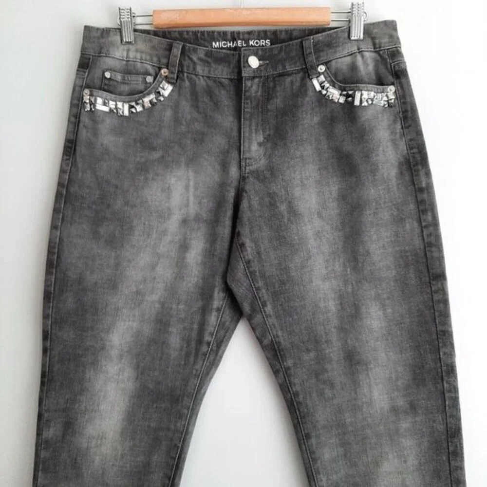 MICHAEL KORS / Jewelled Gem Pocket Cropped Skinny Jeans Grey Sz 10 - Picture 3 of 11